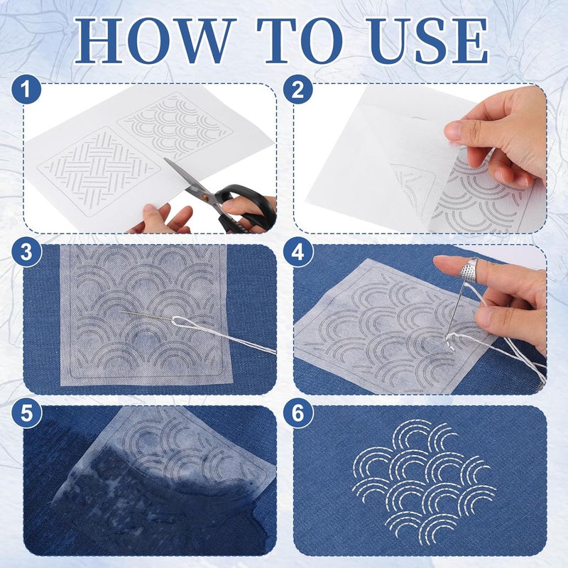 Booson 28 Pcs Sashiko Thread Kit Sashiko Needles Denim Fabric Embroidery Patterns Thimble Water Soluble Embroidery Kit for Sewing Hand Quilting Mending Supplies - Image 5